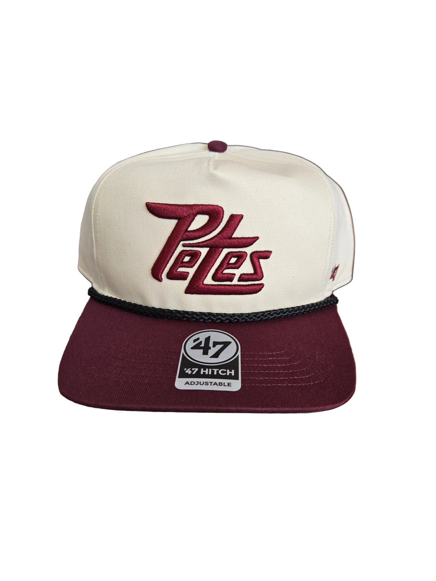 47 Hitch Petes snapback with off white hat and maroon brim.