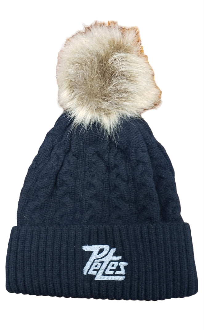 Ladies black premium toque with faux fur pom, ribbed body and embroidered logo on cuff