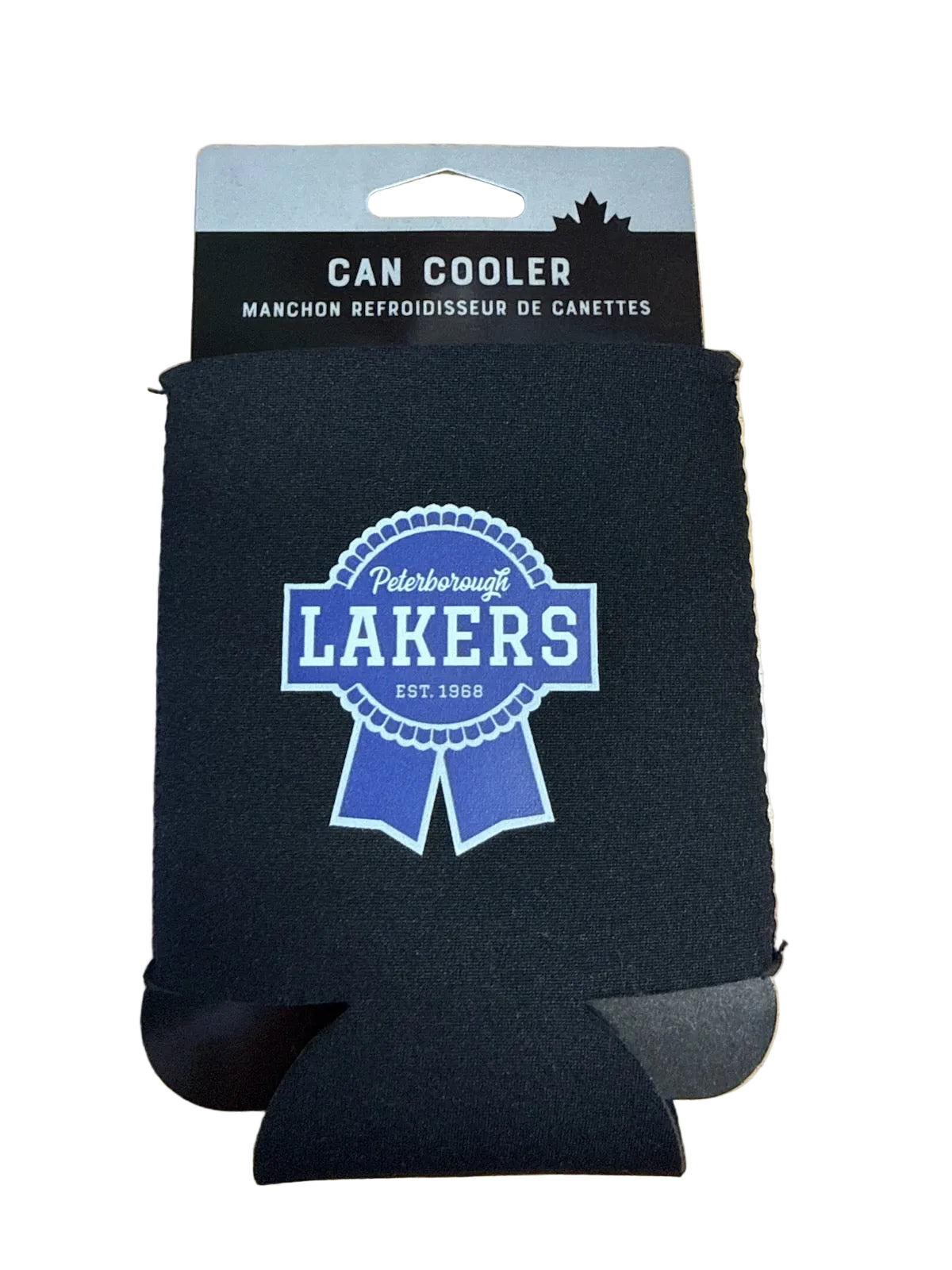 Black can cooler with Peterborough Lakers beer logo
