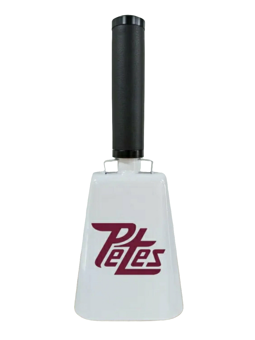 A white cow bell with the 'Petes' logo in maroon on the side, attached to a black handle.