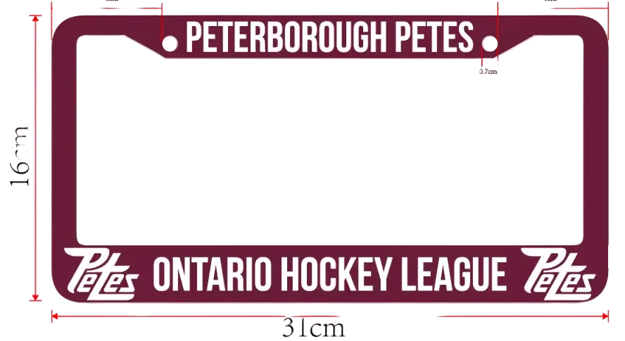 Peterborough Petes across top, zinc alloy maroon licence plate cover with Ontario Hockey League across bottom with corner Petes logos