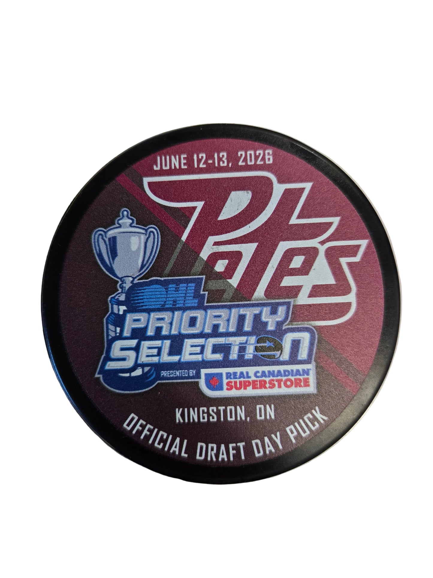 Petes hockey draft day puck with Priority Selection logo and date text
