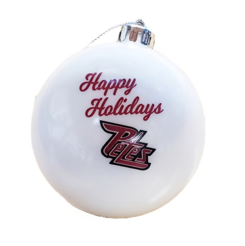 Peterborough Petes bulb ornament with Happy Holidays and Petes logo