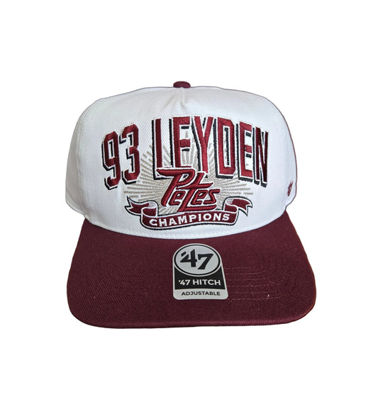 Baseball cap with '93 Leyden division and '47' branding in off white and maroon bill