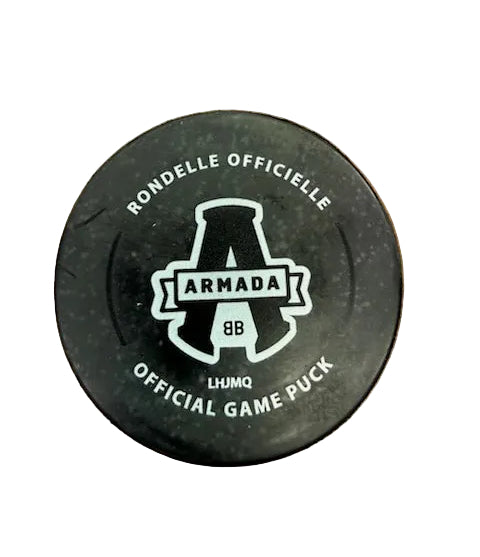 Black hockey puck with 'Armada' branding