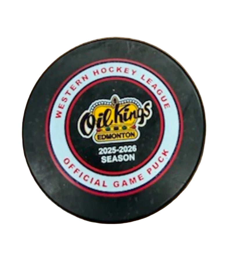 Hockey puck with Edmonton Oil Kings branding 