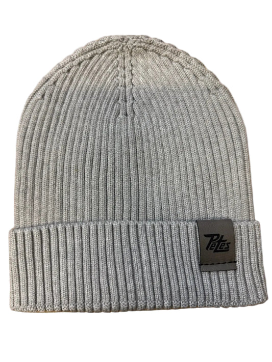 Gray knit beanie with a leatherette laser etched patch