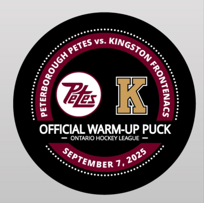 Peterborough Petes versus Kingston Frontenacs Pre-season game 3 in Norwood warm up puck