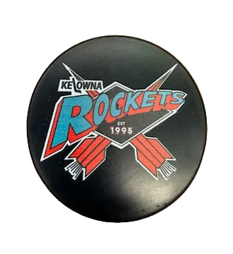 Black puck with Kelowna Rockets logo