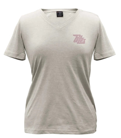 Gray v-neck t-shirt with a textured screenprinted logo