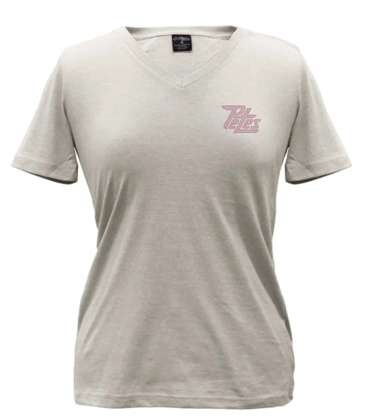 Gray v-neck t-shirt with a textured screenprinted logo