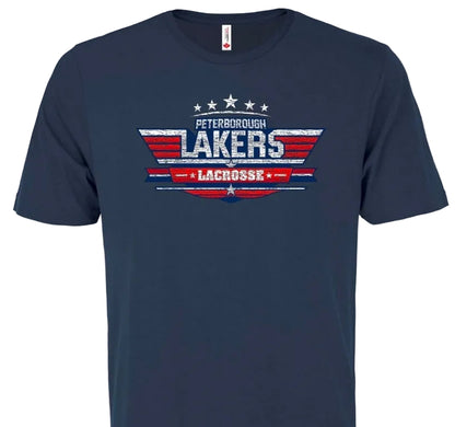 Navy blue t-shirt with 'Peterborough Lakers Lacrosse' graphic on a white background