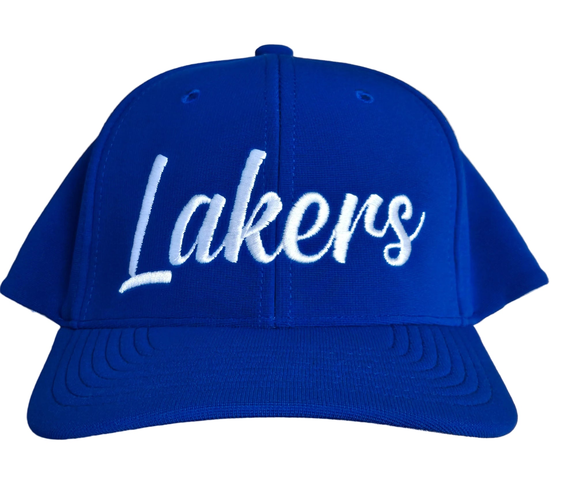 Blue flexfit hat with curved brim with word Lakers embroidered across the front