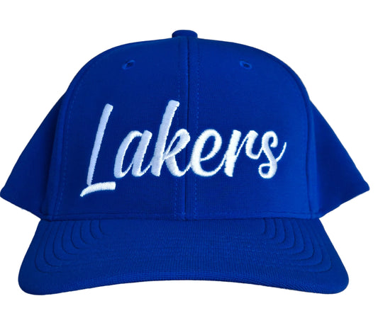 Blue flexfit hat with curved brim with word Lakers embroidered across the front