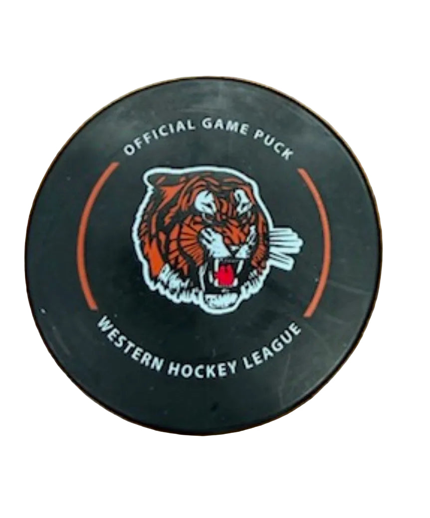 Hockey puck with a Medicine Hat Tigers logo