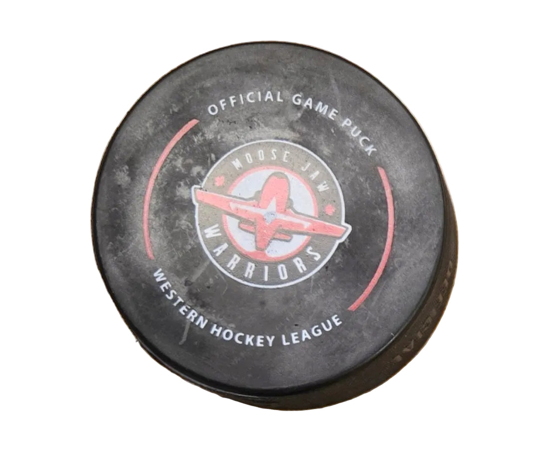 Hockey puck with 'Moose Jaw Warriors' logo 