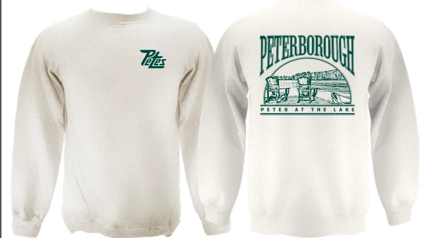 Oatmeal sweatshirt with green text and graphics