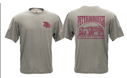 Gray t-shirt with maroon graphics and text on a white background