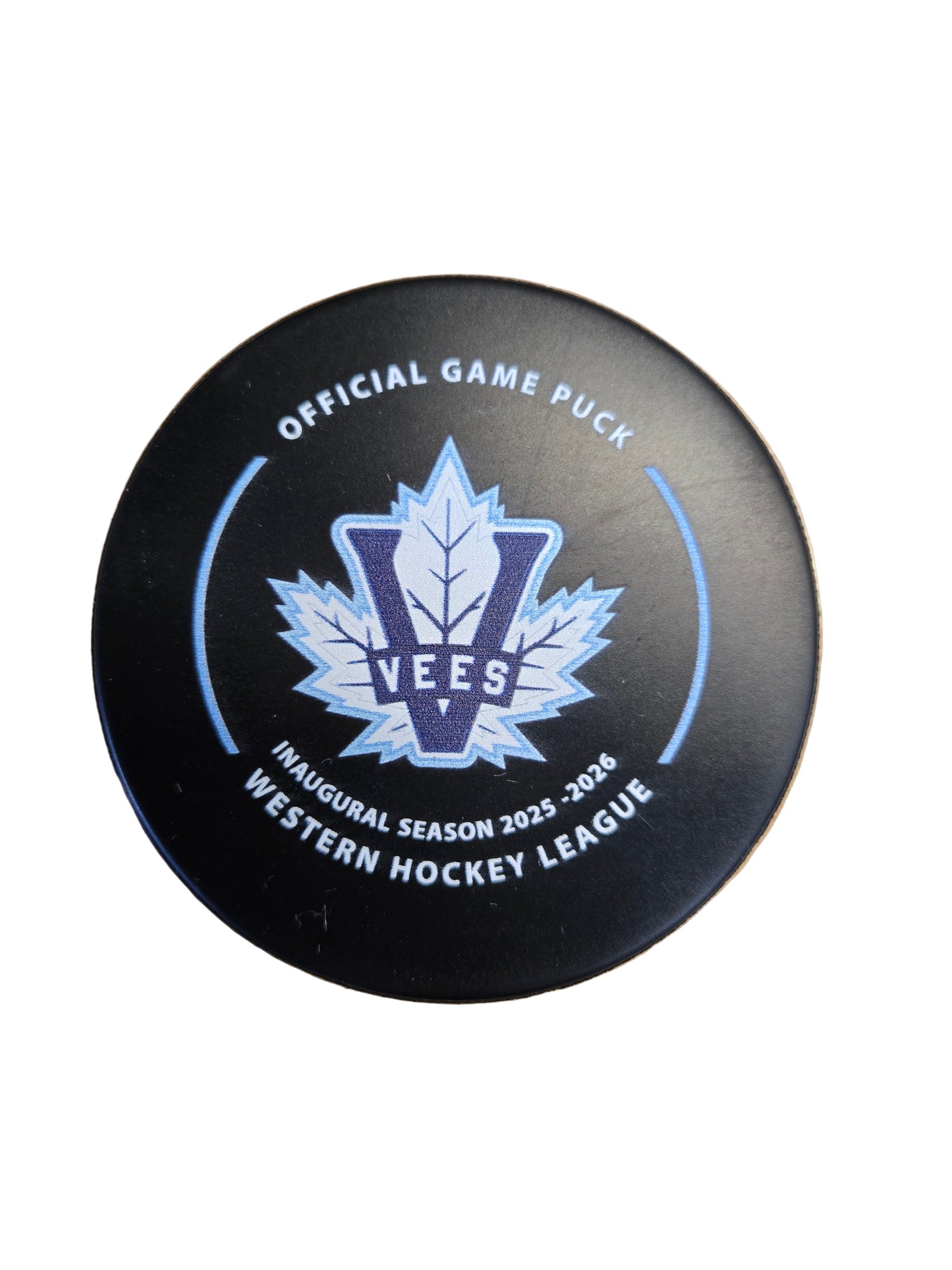 Hockey puck with a Penticton Vees logo 