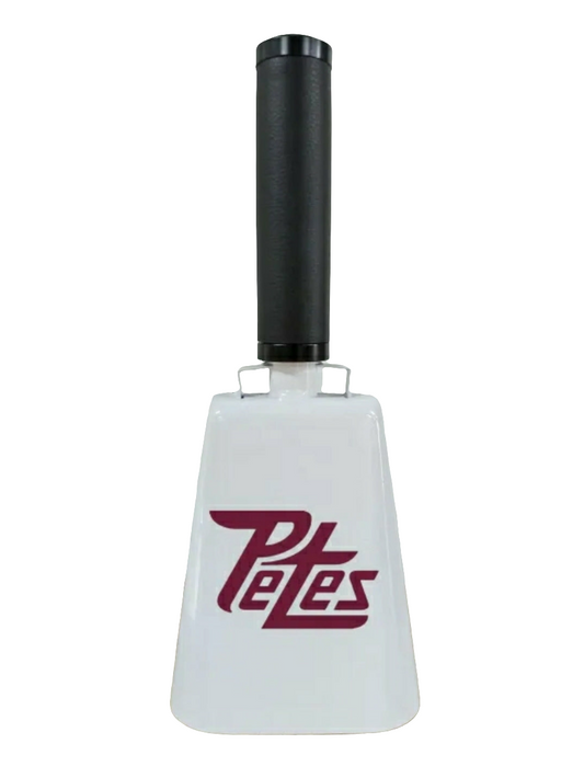 A white cow bell with the 'Petes' logo in maroon on the side, attached to a black handle.