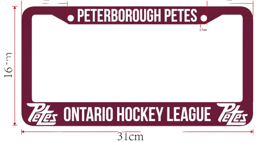Peterborough Petes across top, zinc alloy maroon licence plate cover with Ontario Hockey League across bottom with corner Petes logos