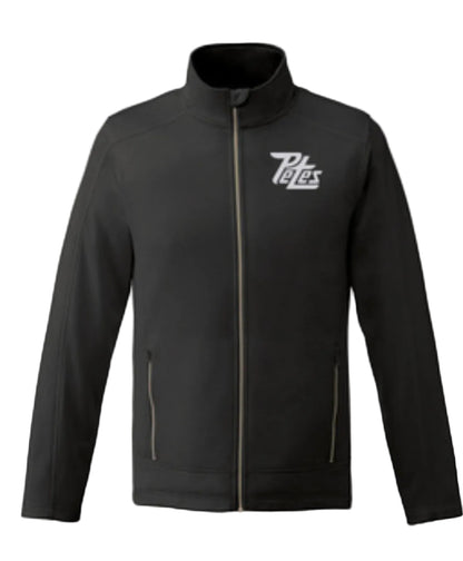 Black jacket with a logo on the chest against a white background