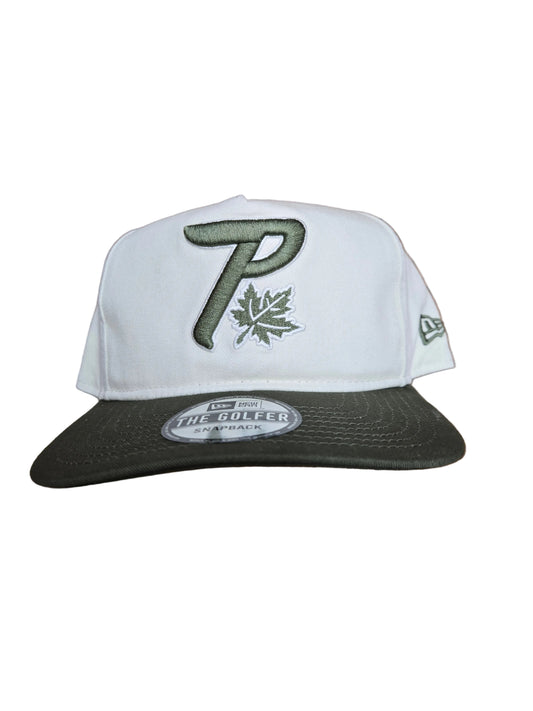 Chrome and olive cap with green logo 
