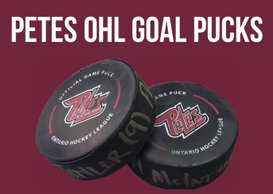 Goal pucks from the Peterborough Petes in an acrylic case with a certificate of authenticity and hologram style sticker