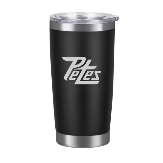 Black tumbler with silver lid featuring a Petes logo on a white background
