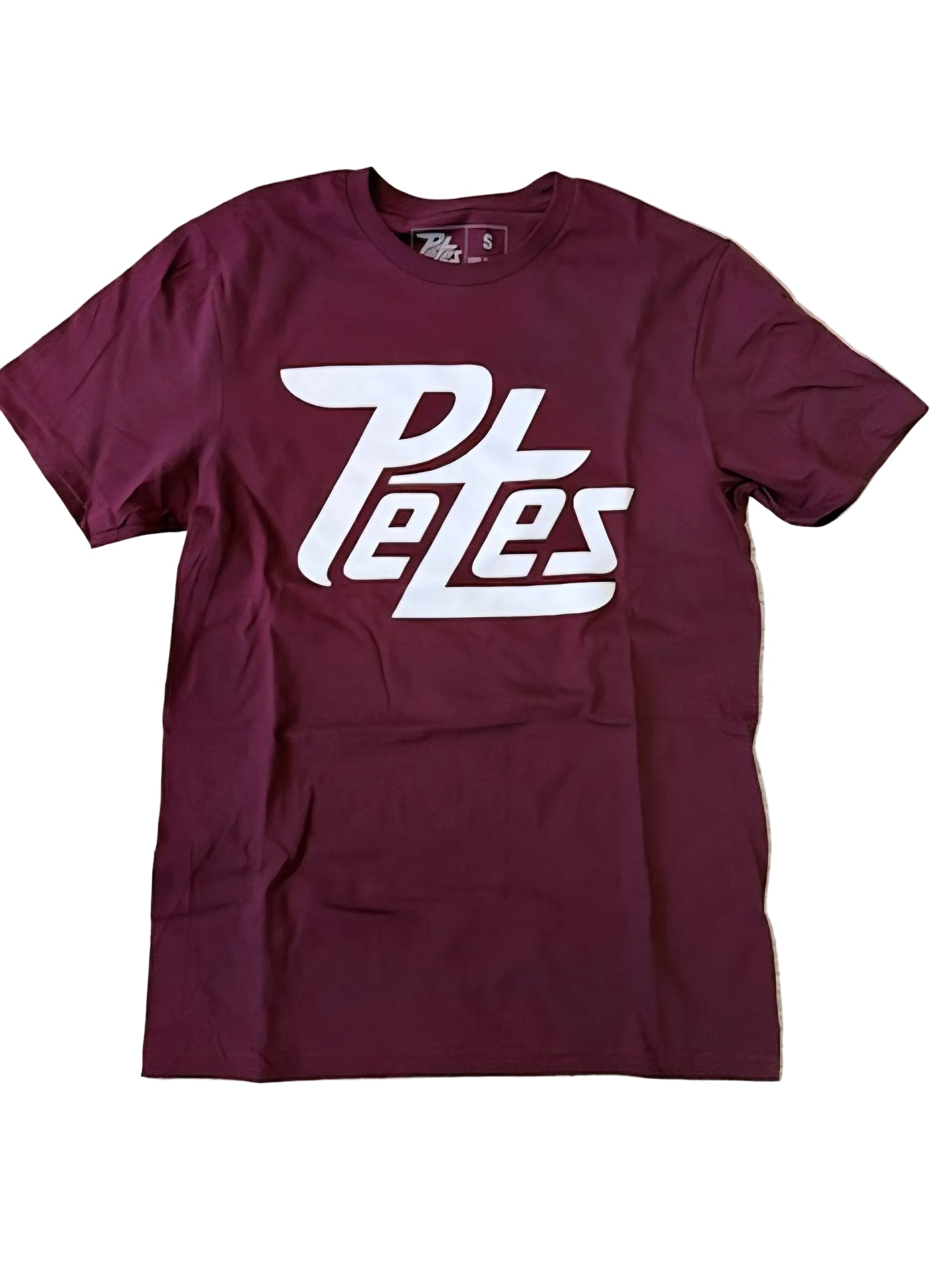 Maroon t-shirt with white logo on a white background