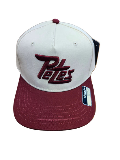 Petes off white and maroon baseball caps with a logo 
