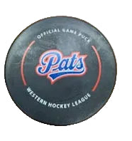 Hockey puck with Regina Pats branding 