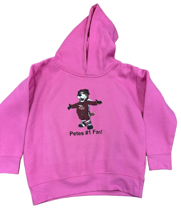 Pink hoodie with a Roger the mascot graphic and text