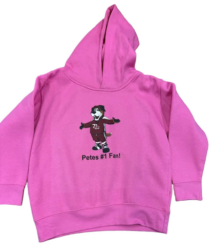 Pink hoodie with a Roger the mascot graphic and text