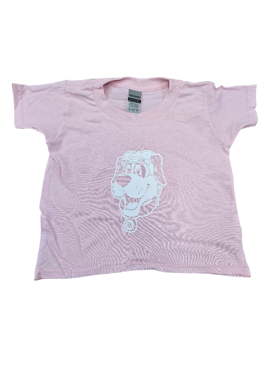 Pink t-shirt with a graphic design on a white background