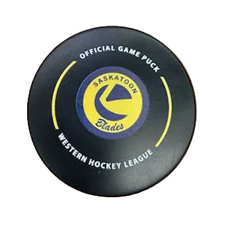 Hockey puck with Saskatoon Blades logo