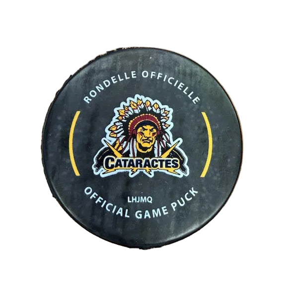 Hockey puck with Cataractes logo on a wooden surface