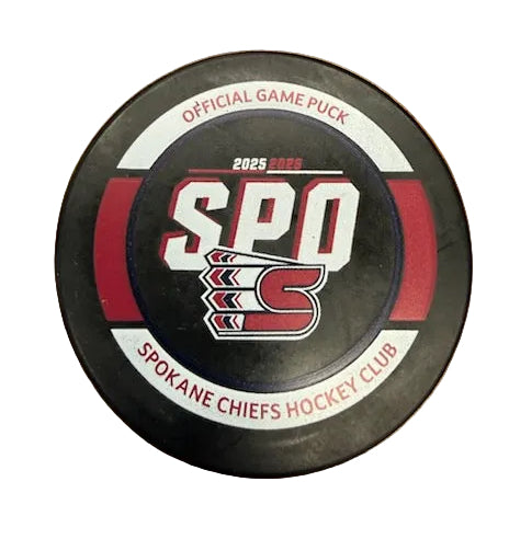 Hockey puck with 'Spokane Chiefs Hockey Club' 