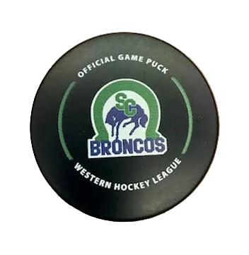 Black hockey puck with 'Swift Current Broncos' logo 