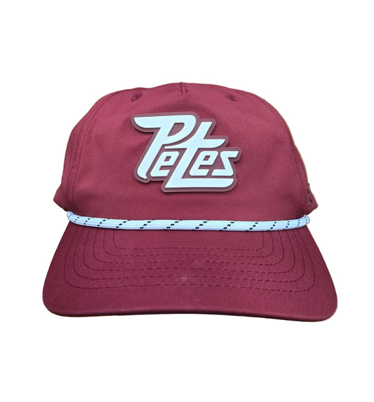 Maroon cap with white PVC logo on a white background
