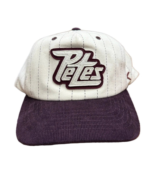 Off white pinstripe baseball cap with 'Petes' logo and corduroy maroon brim