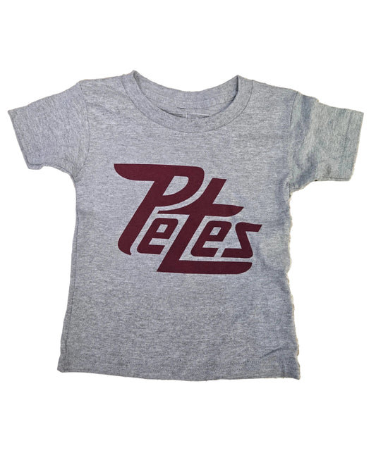 Gray t-shirt with maroon 'Petes' logo on a white background