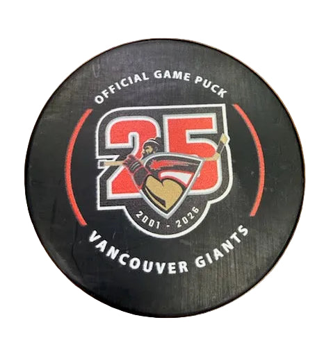 Hockey puck with '25' and 'Vancouver Giants' branding
