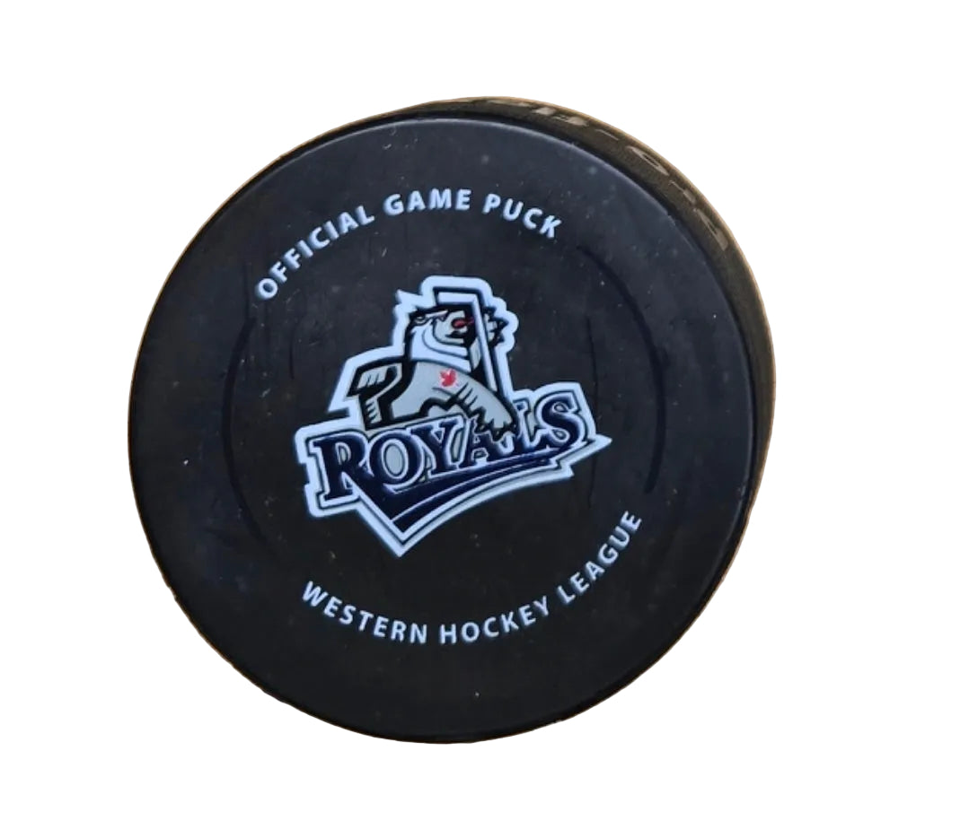 Black hockey puck with 'Royals' logo 