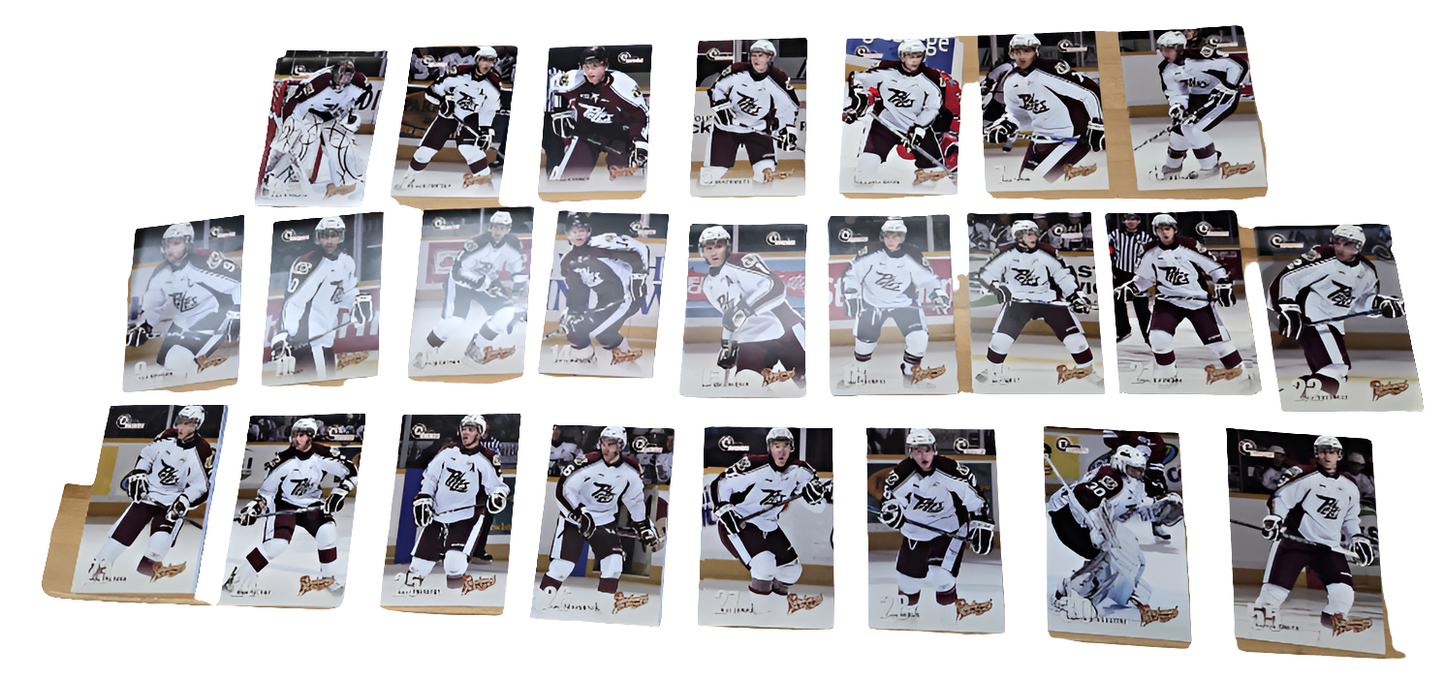 2009/10 Petes postcard team set cards measure 4.5 inches by 7 inches.

Players in this set include : Jason Missiaen, Adrian Robertson,  Brian Birkhoff, Jeff Braithwaite, Christopher Breen, Zach Tatrn, Luke Hietkamp, Zach Kassian,  Pat Daley, Justin Larson, Austin Watson, Jack Walchessen, Matt Puempel, Joey West, Chris Buonomo, David Quesnele, Ryan Spooner, Adam Sedlak, Brett Theberge, Jamie Doornbosch, Mike Lomas, Liam Heelis, Andrew D'Agostini, Barron Smith..