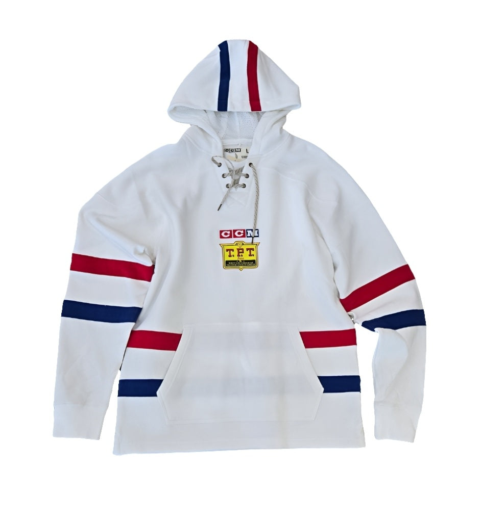 CCM Pro Series white with red and blue stripe TPT retro hoodie Peterborough Petes 