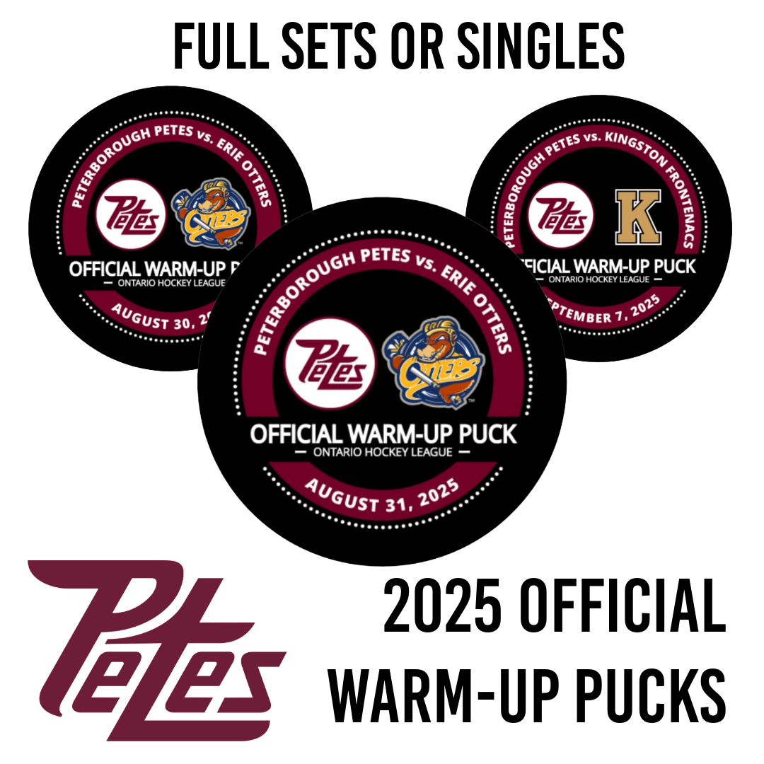 Peterborough Petes single game and full set warm up pucks 